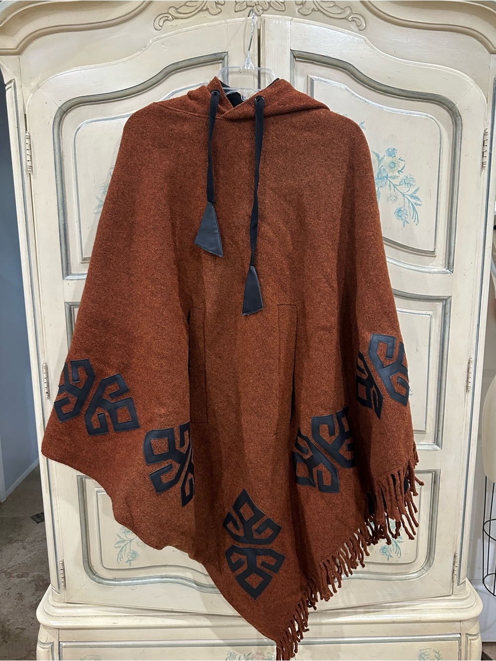 Rust Brown Hooded Fringe Poncho with Black Appliqué